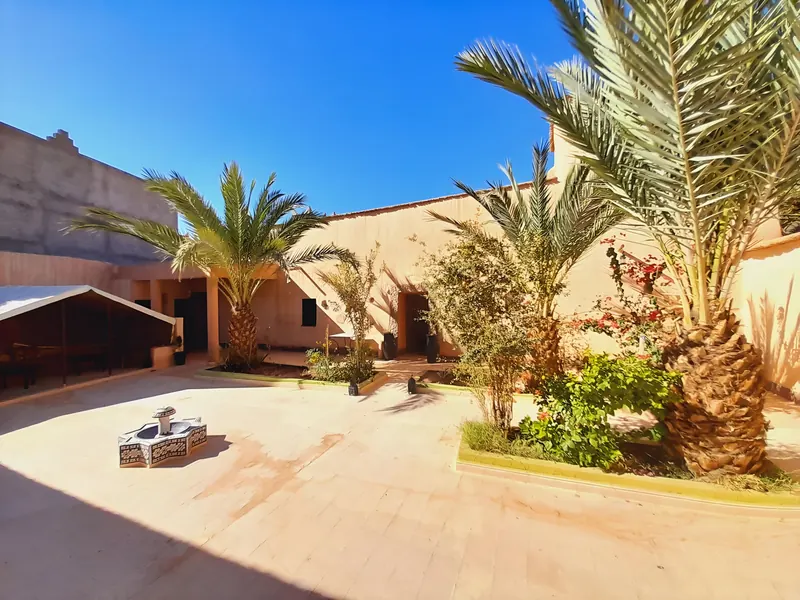 The palm courtyard of the gîte, with sand-coloured walls and a small fountain